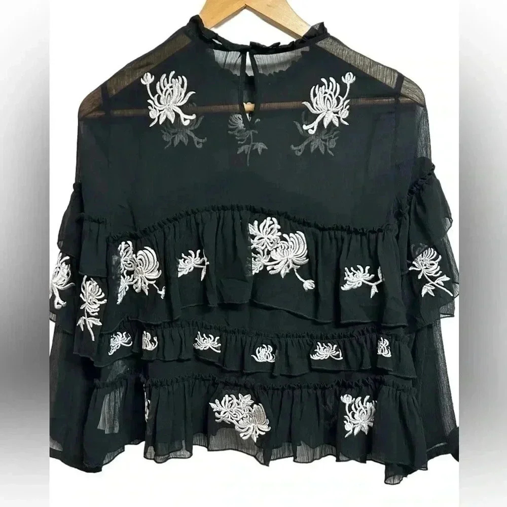 Zara RARE Embroidered Floral Black Tiered Blouse Too Size XS NWT - Picture 11 of 14